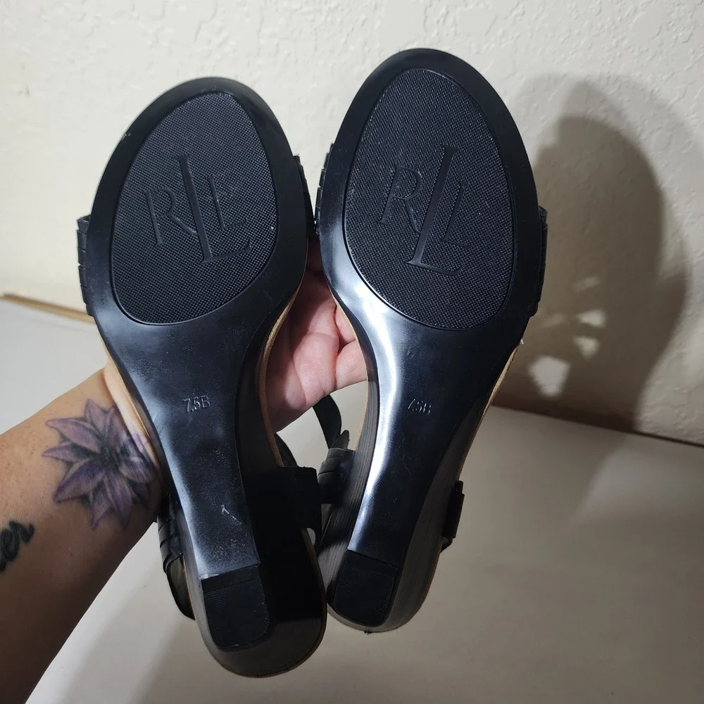 Lauren Ralph Lauren Black Leather Woven Wedge Sandals Womens 7.5B Low Heel